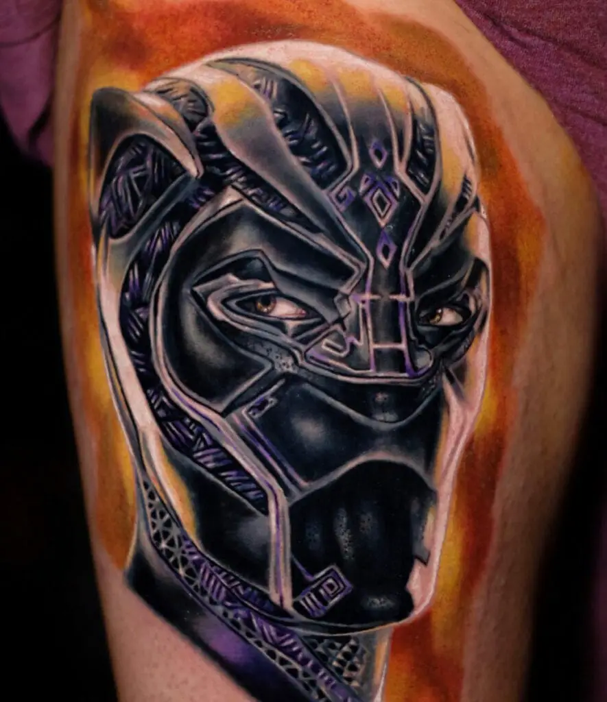 Colored Close Up Portrait of Black Panther in Vibranium Suit Thigh Tattoo