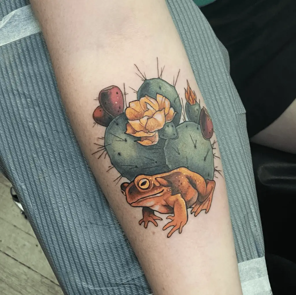 Colored Colorado River Toad and Prickly Pear Cactus Arm Tattoo