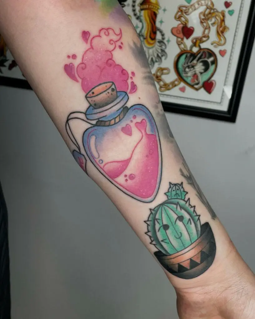 Colored Cute Smiley Face Cactus and Love Potion Arm Tattoo