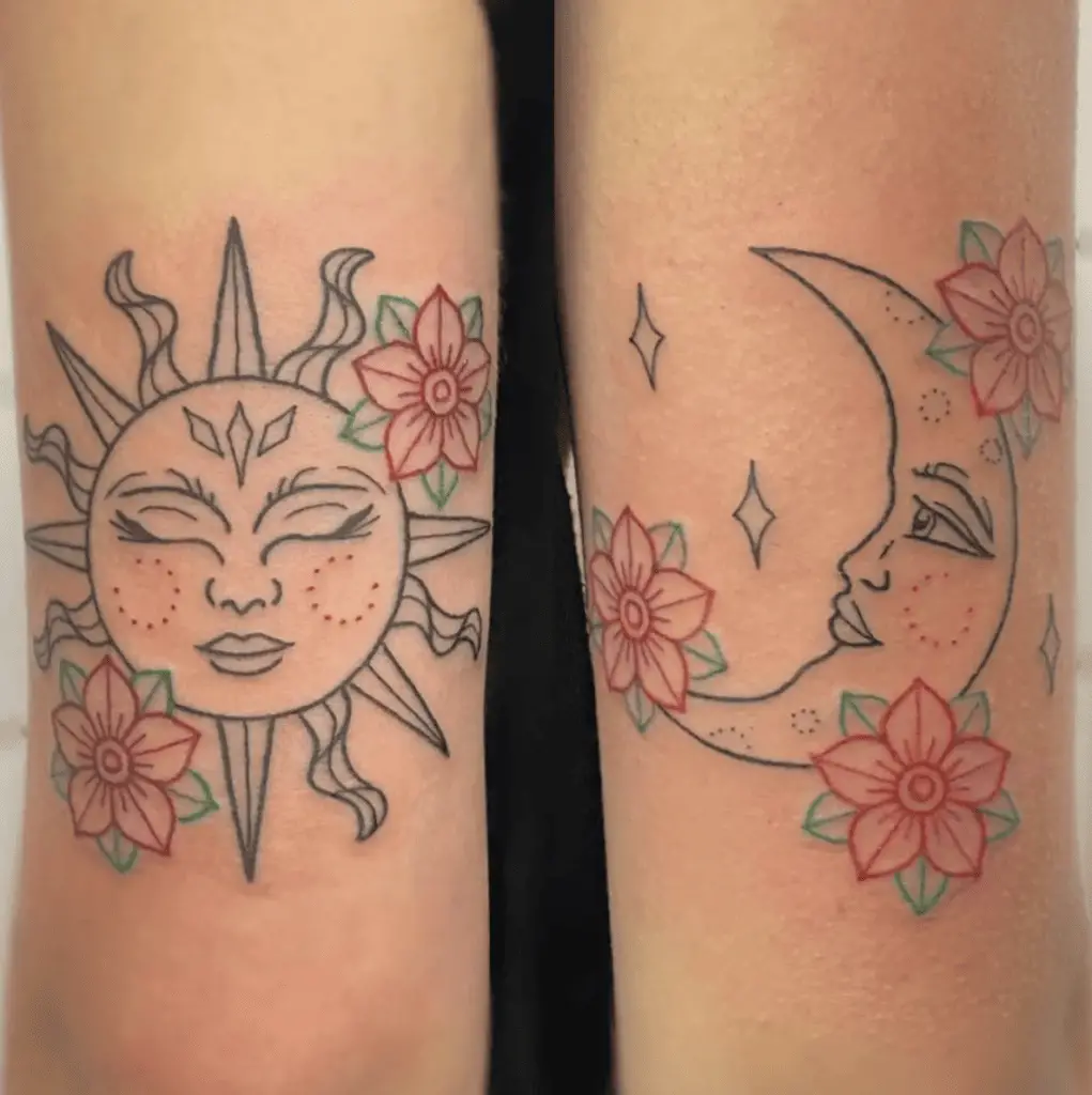 Colored Delicate Line Work Sun and Crescent Moon With Flowers Arm Tattoo