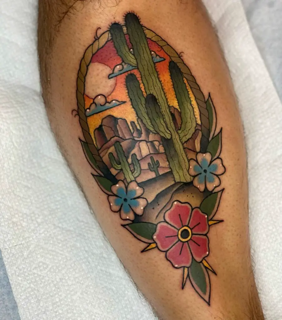 Colored Desert Land in Floral Rope Frame Leg Tattoo