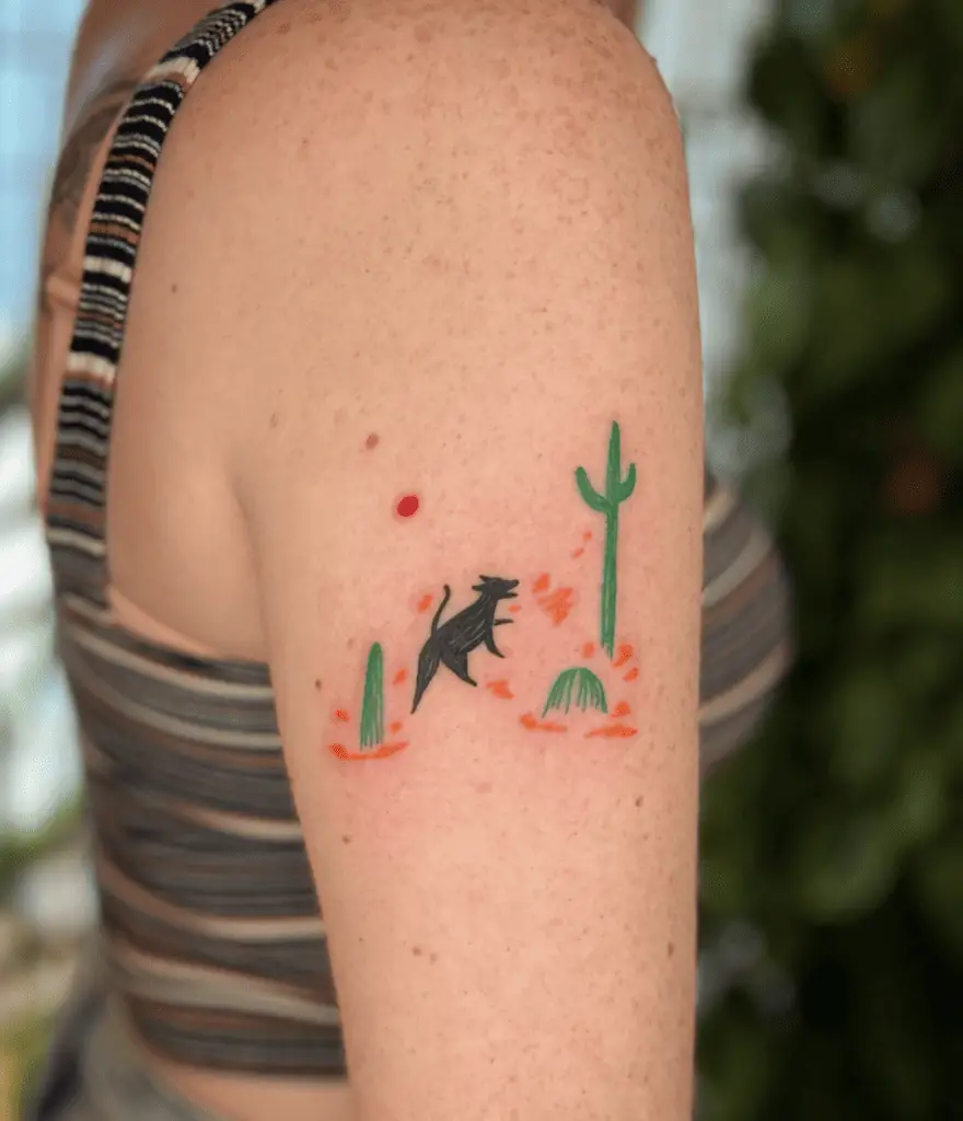 Colored Desert Scene With Dog Upper Arm Tattoo