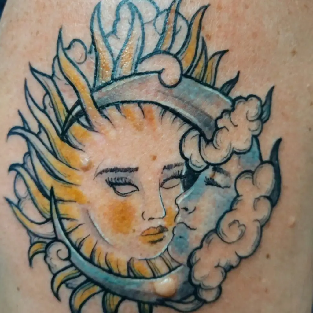 Colored Female Sun And Male Cloudy Crescent Moon Leg Tattoo