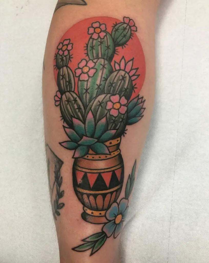Colored Floral Cactus Pot With Red Circle Background Leg Tattoo