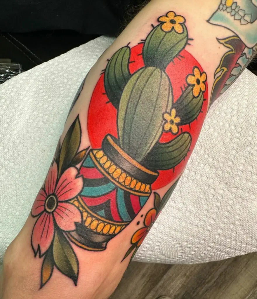 Colored Floral Cactus With Red Circle Background Arm Tattoo