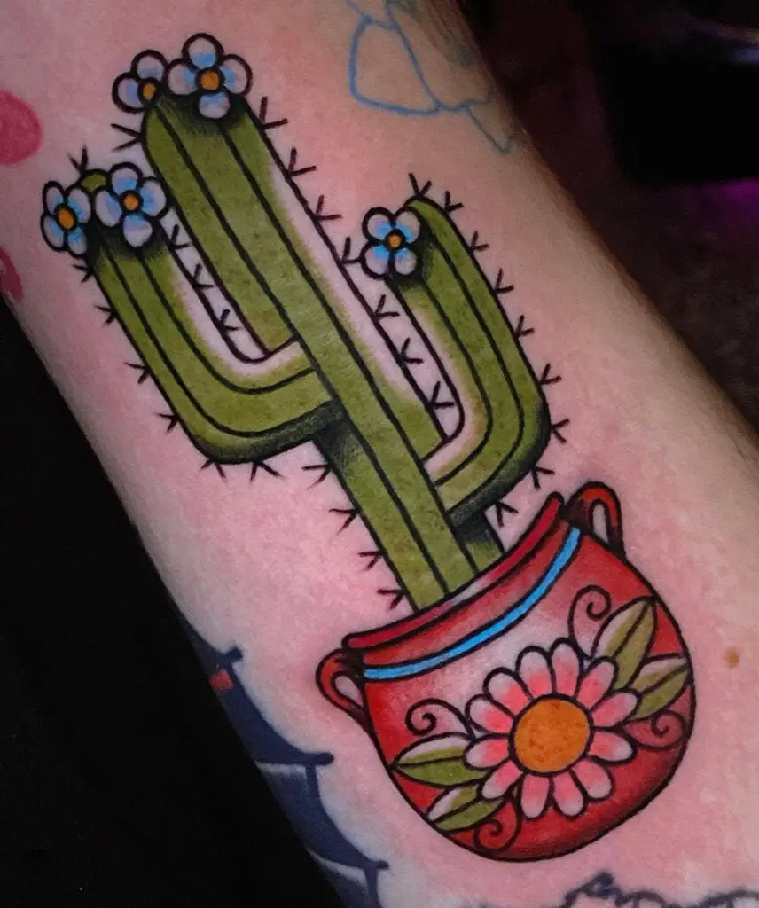 Colored Floral Potted Cactus Arm Tattoo