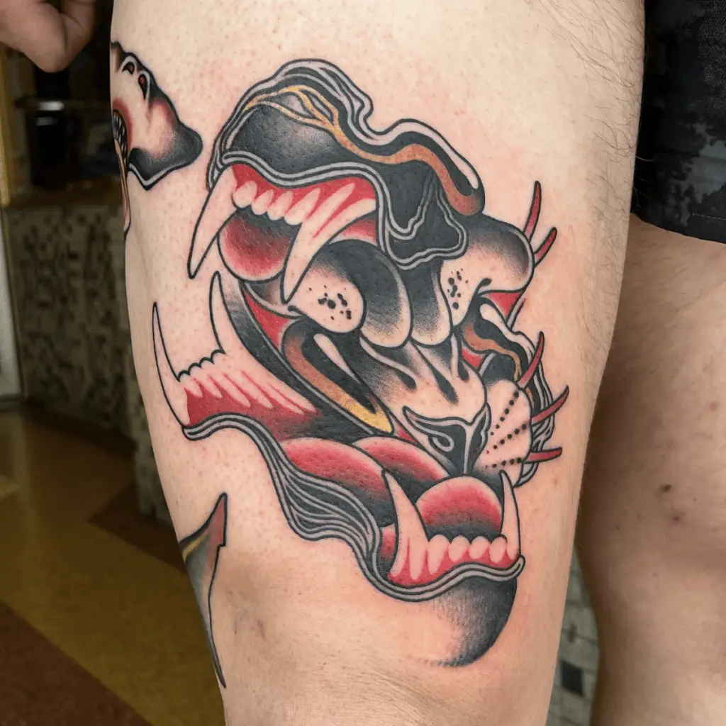 Colored Freeform Style Panther Thigh Tattoo