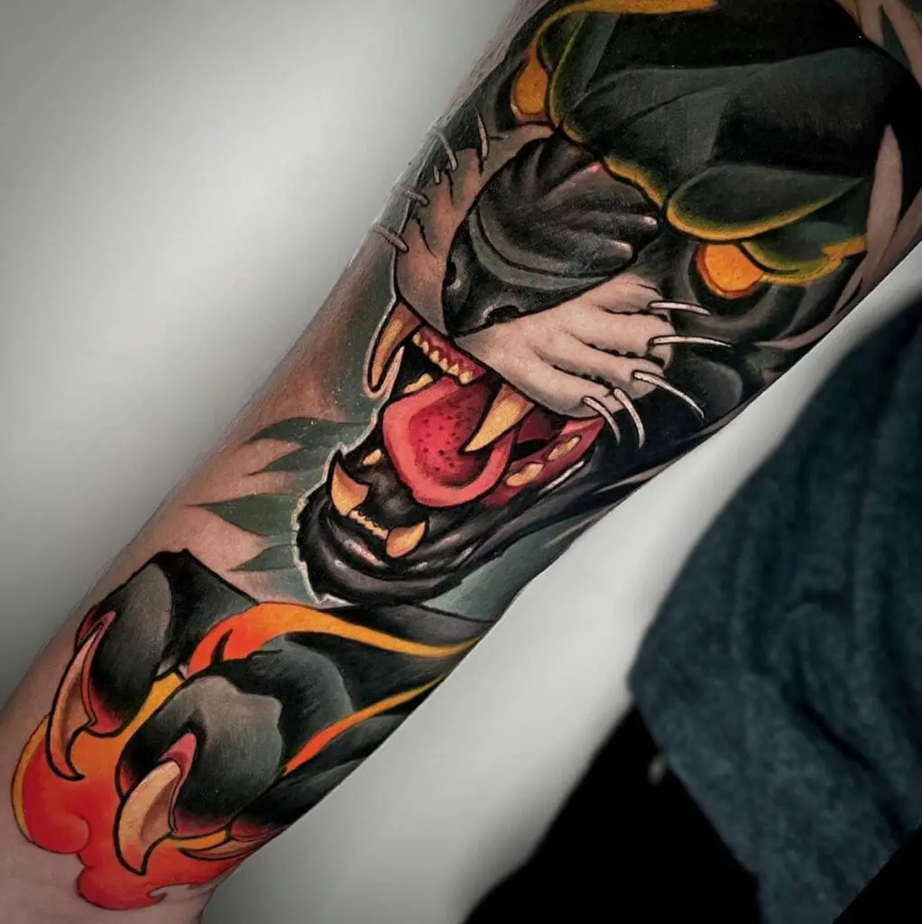 Colored Graphic Black Furious Panther Arm Tattoo