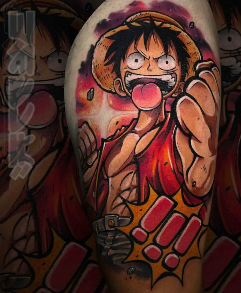 Colored Graphic Luffy Doing Wacky Face and Throwing a Punch Thigh Tattoo