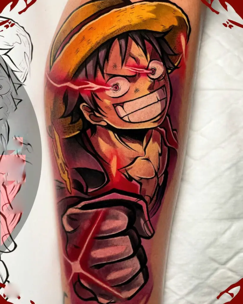 Colored Graphic Luffy Throwing Punch Leg Tattoo