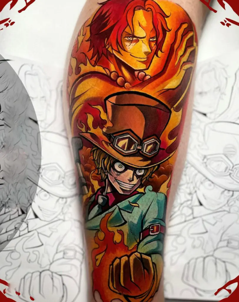 Colored Graphic Sabo With Ace Leg Tattoo
