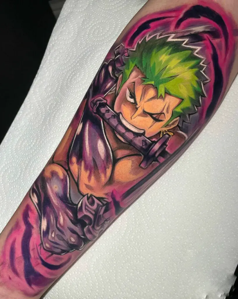 Colored Graphic Zoro Biting His Sword Arm Tattoo