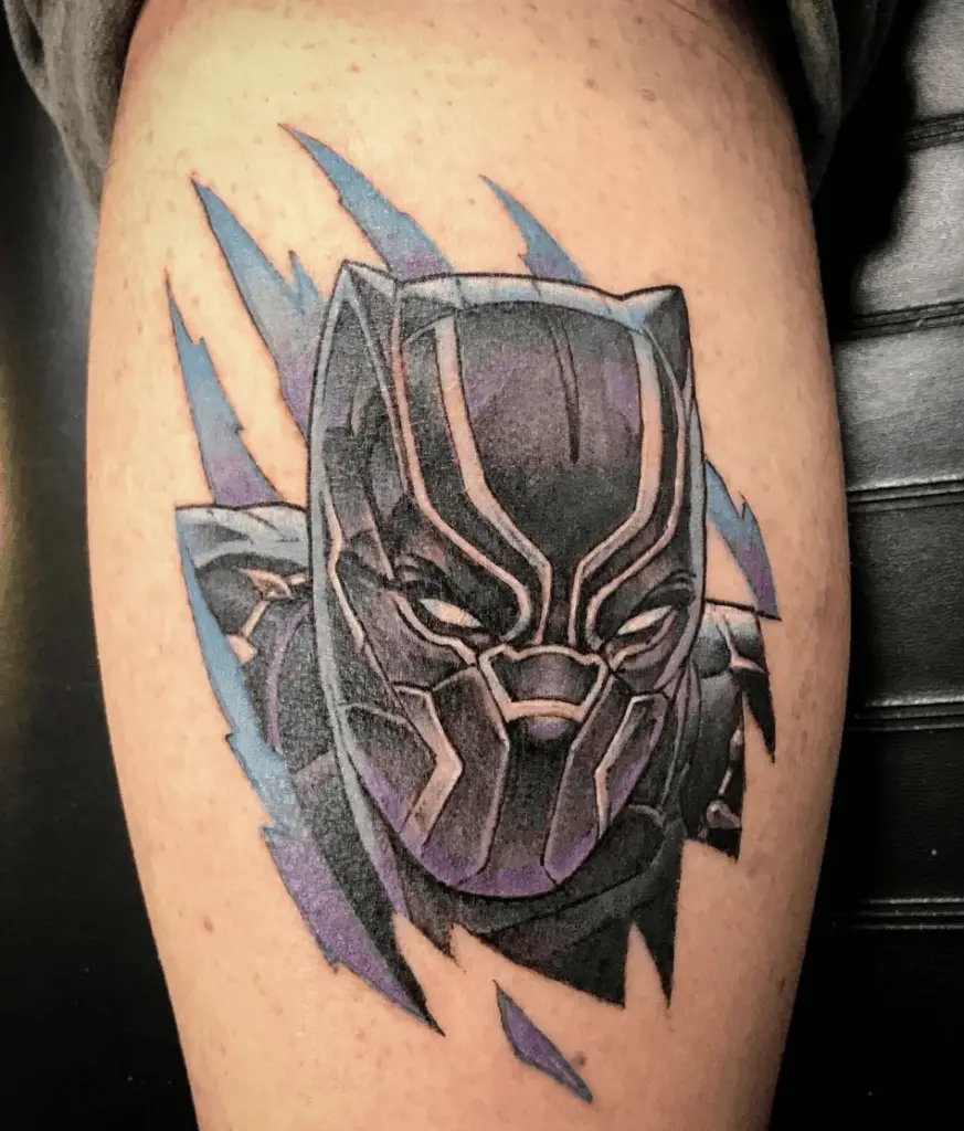 Colored Graphic of Black Panther in Vibranium Suit With Claw Scratch Mark Leg Tattoo