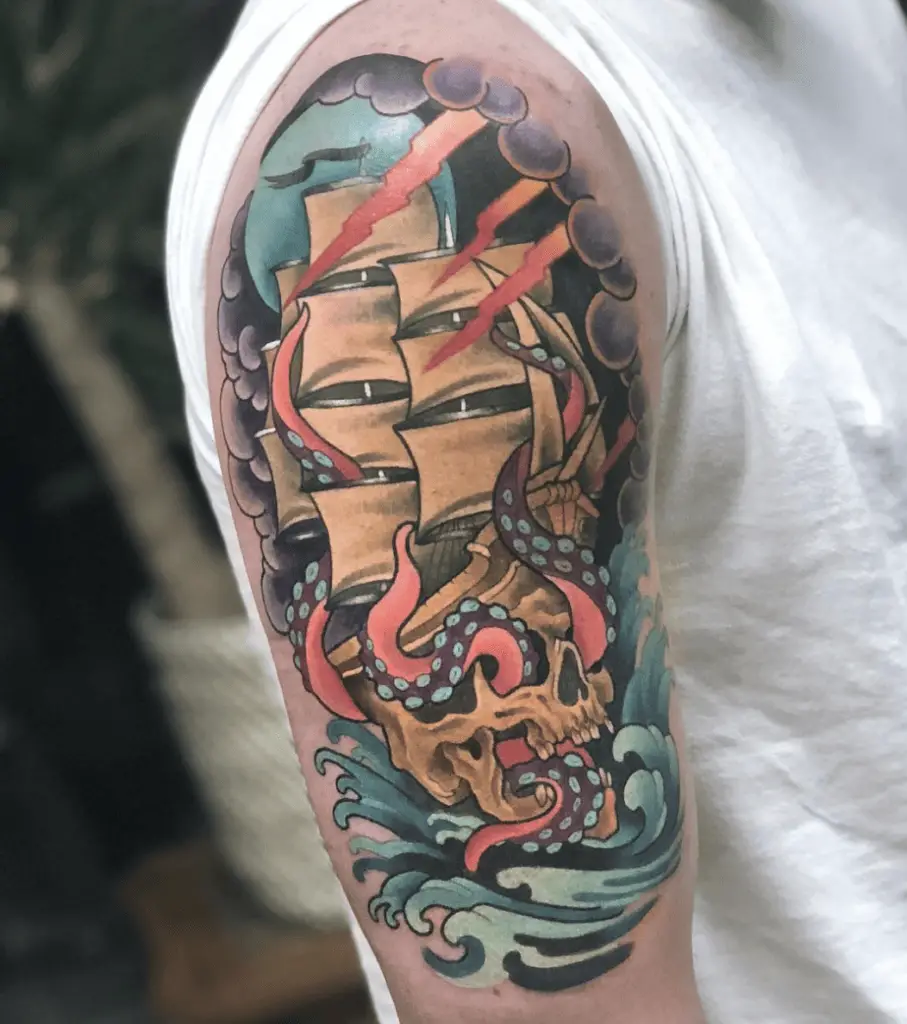 Colored Illustration Kraken Tentacles Crawling in Skull Ship Upper Arm Tattoo