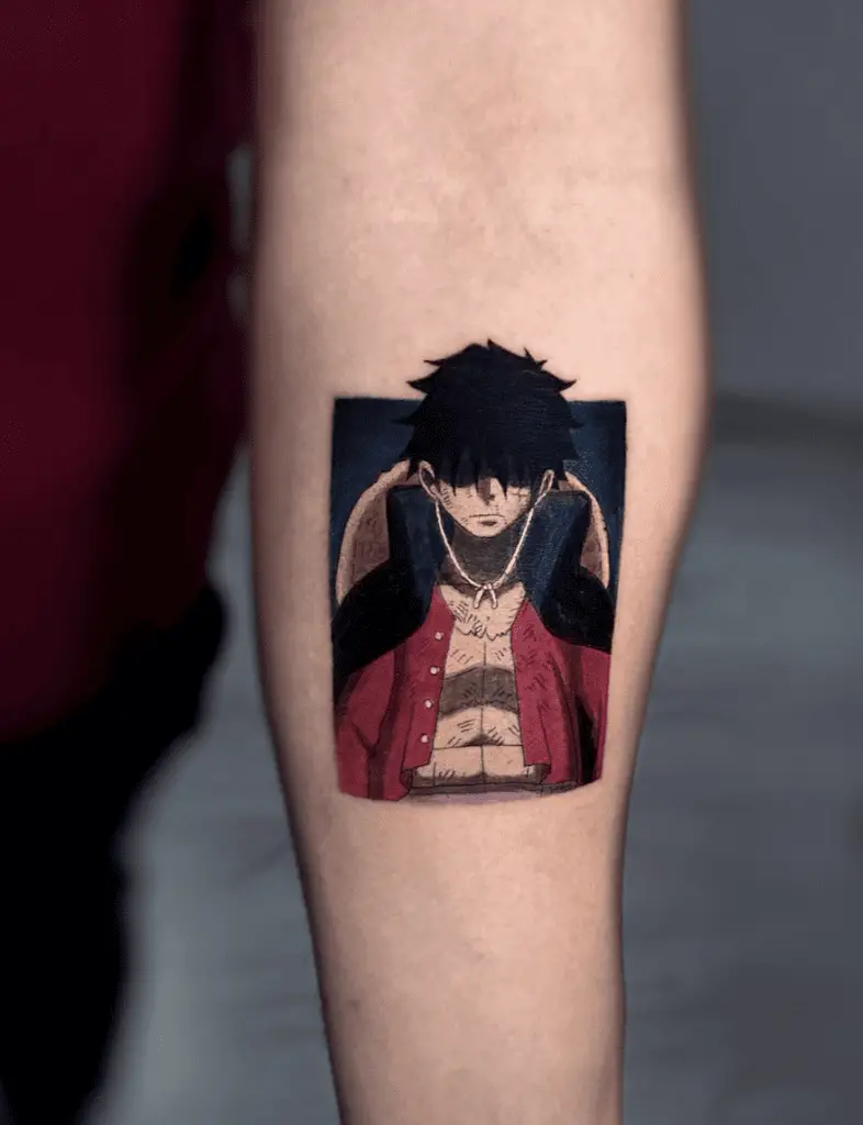 Colored Illustration Luffy Standing With Sad Face Arm Tattoo