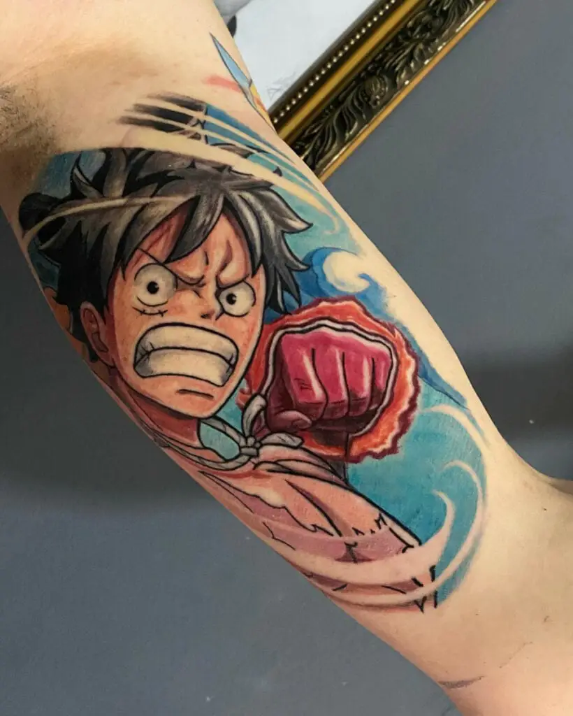 Colored Illustration Luffy Throwing a Punch Arm Tattoo