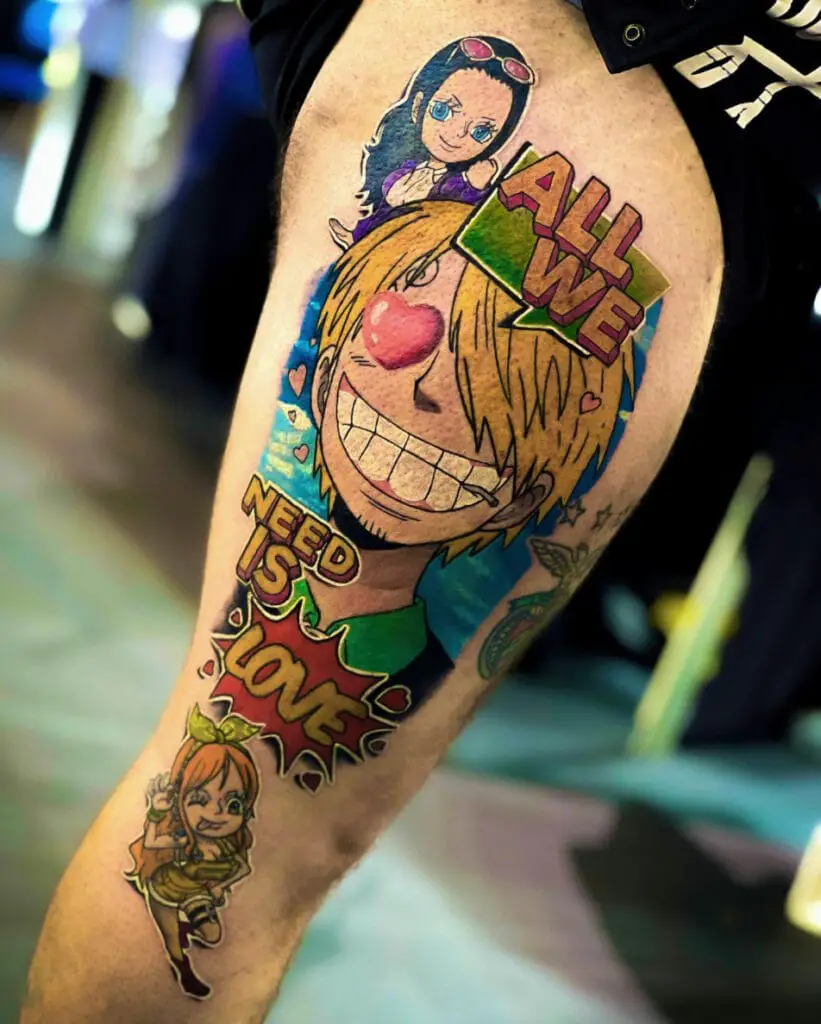 Colored Illustration Sanji With Word Text Stickers and Two Chibi Girls Leg Tattoo