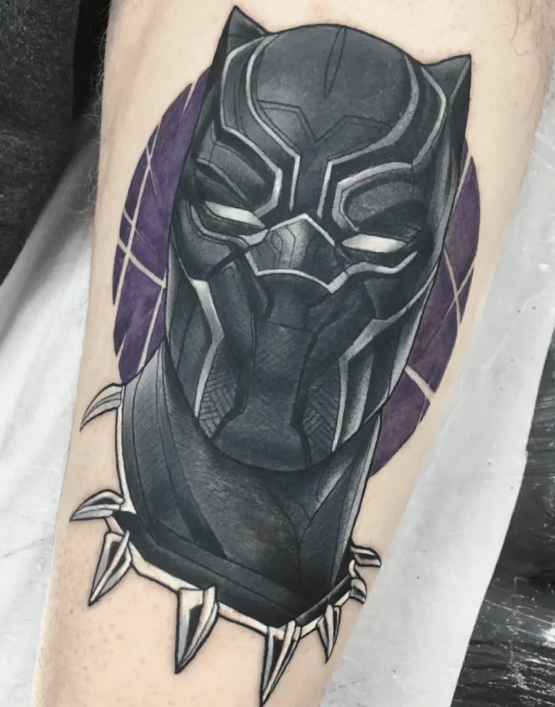 Colored Illustration of Black Panther Wearing a Vibranium Suit With Violet Circle Background Leg Tattoo