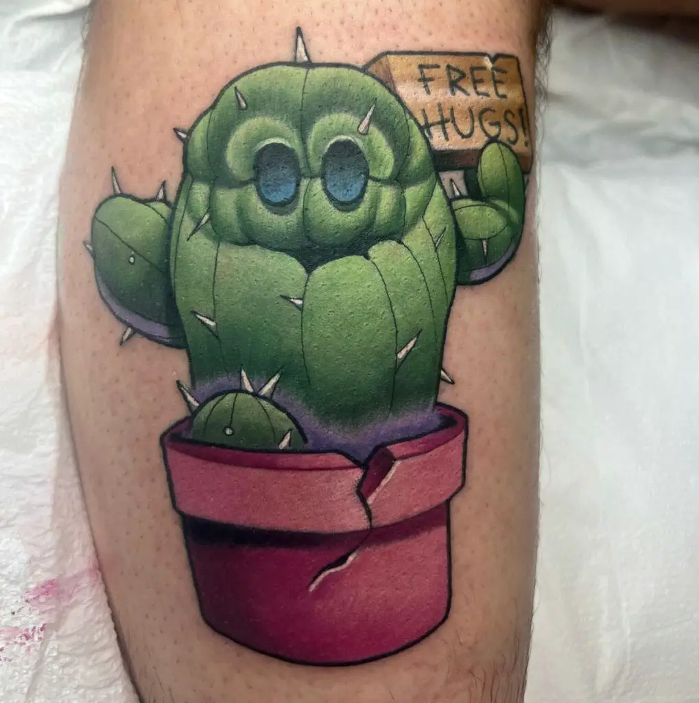 Colored Illustration of Cactus Cracked Pot Holding a Wood Plank With Text Leg Tattoo