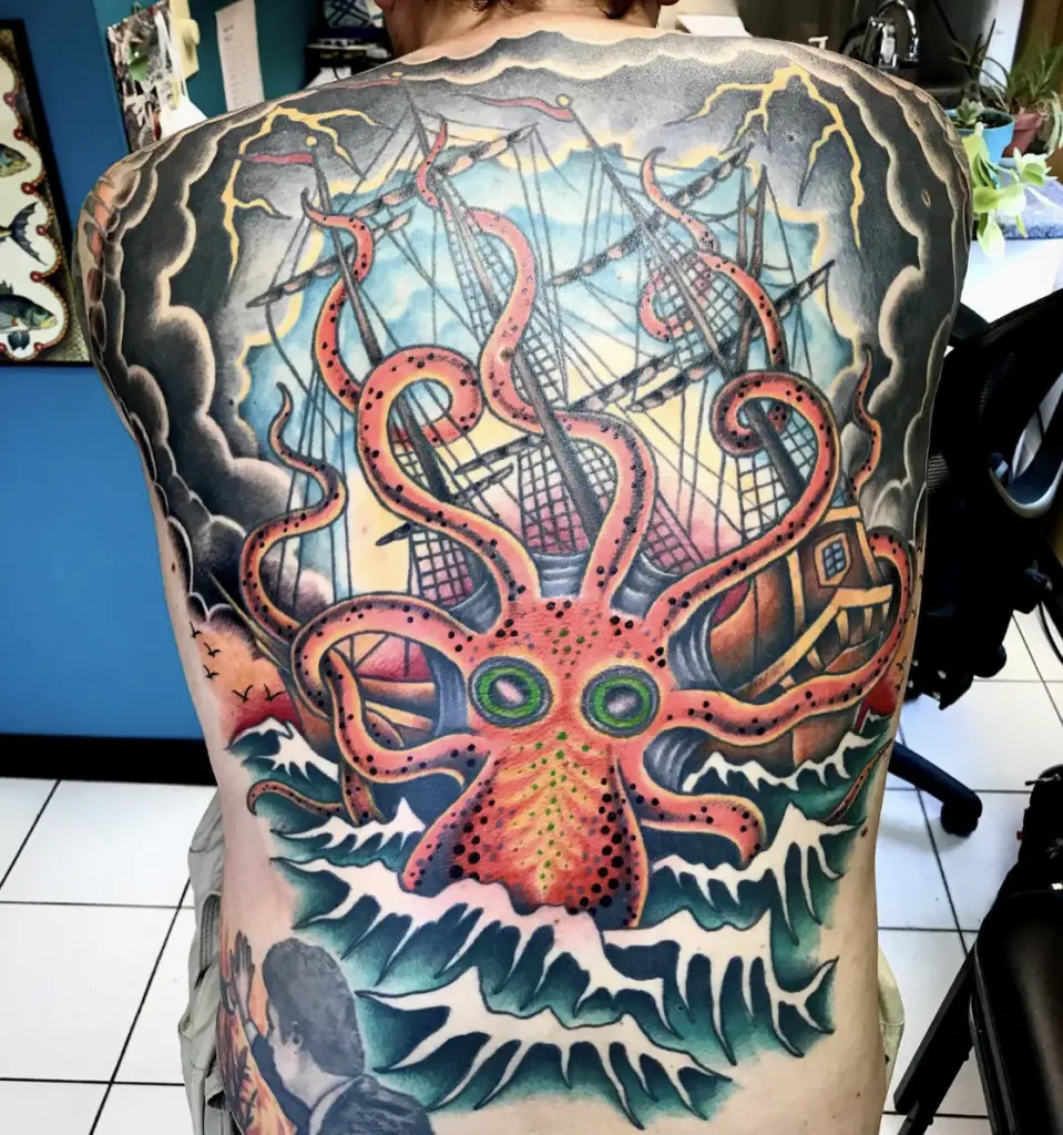 Colored Illustration of Kraken Attacks a Ship Back Tattoo