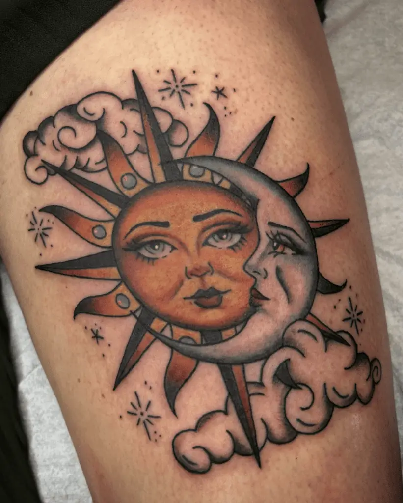 Colored Illustration of Sun and Moon Face With Clouds and Ornaments Design Upper Arm Tattoo