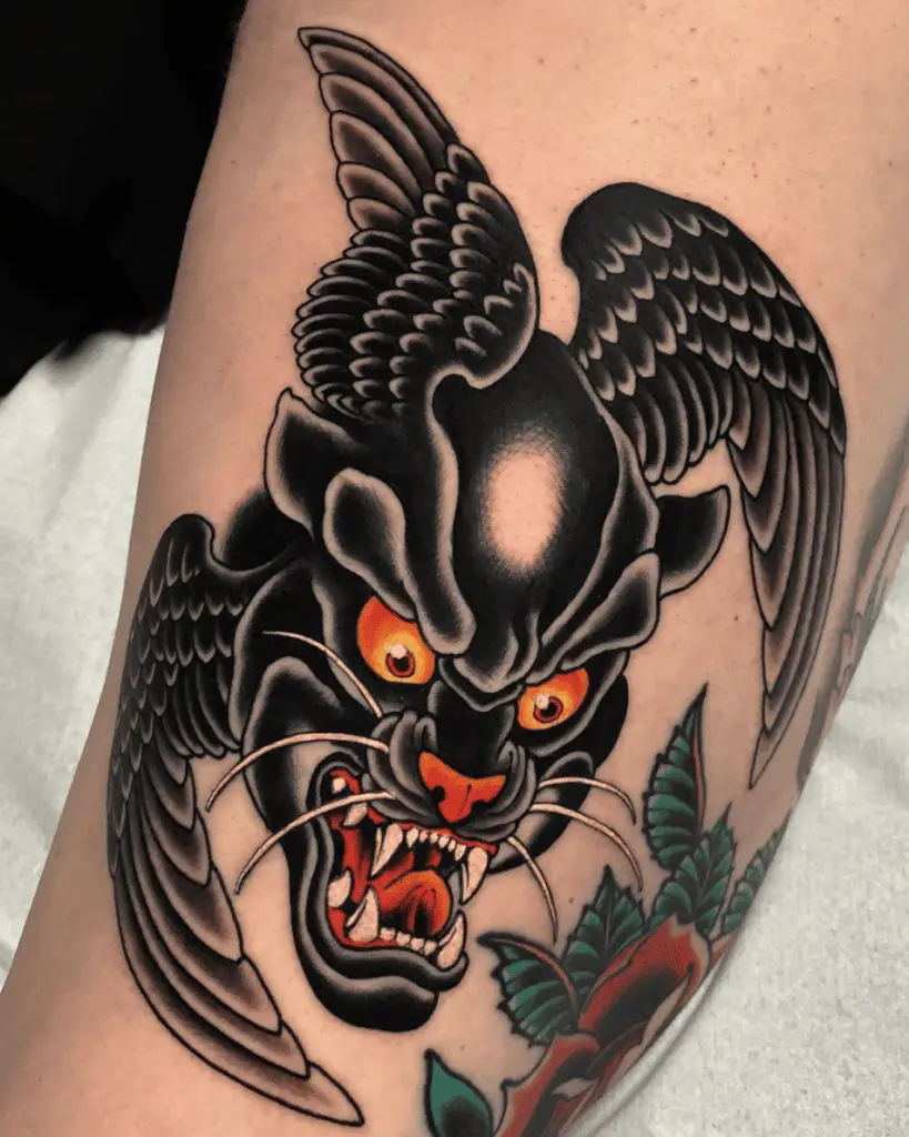 Colored Illustration of Winged Panther Head Arm Tattoo