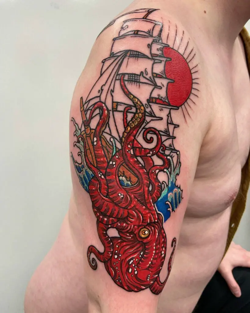 Colored Japanese Kraken Attacking the Sailing Ship Under the Sun Upper Arm Tattoo
