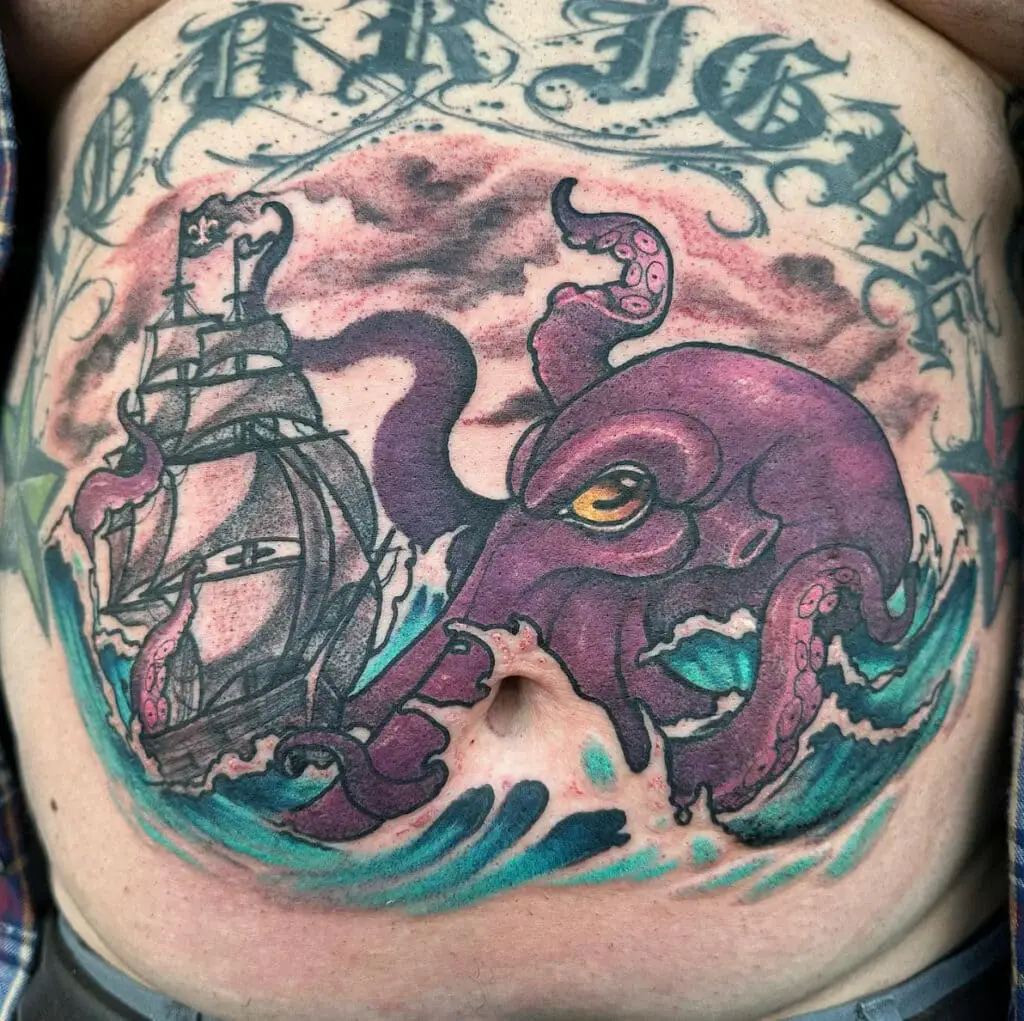 Colored Kraken About to Destroy the Ship Stomach Tattoo