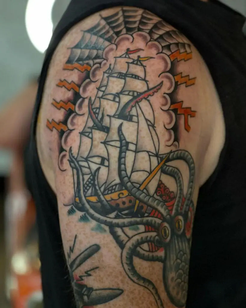 Colored Kraken Attacking the Ship During Thunderstorm Upper Arm Tattoo
