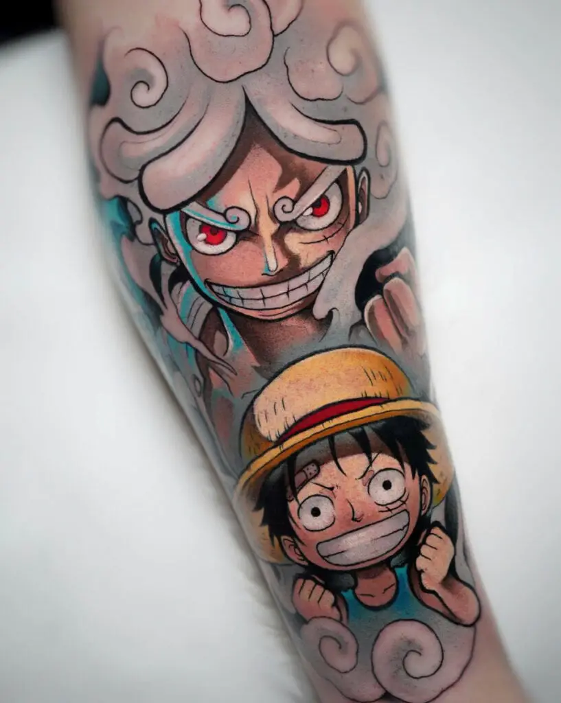 Colored Luffy Gear 5 Above Chibi Luffy Arm Tattoo
