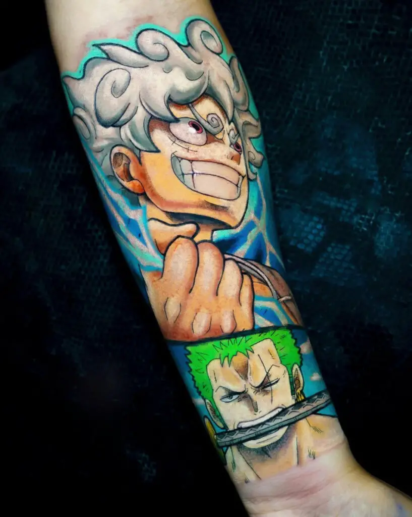 Colored Luffy Gear 5 Above Zoro Biting His Sword Arm Tattoo