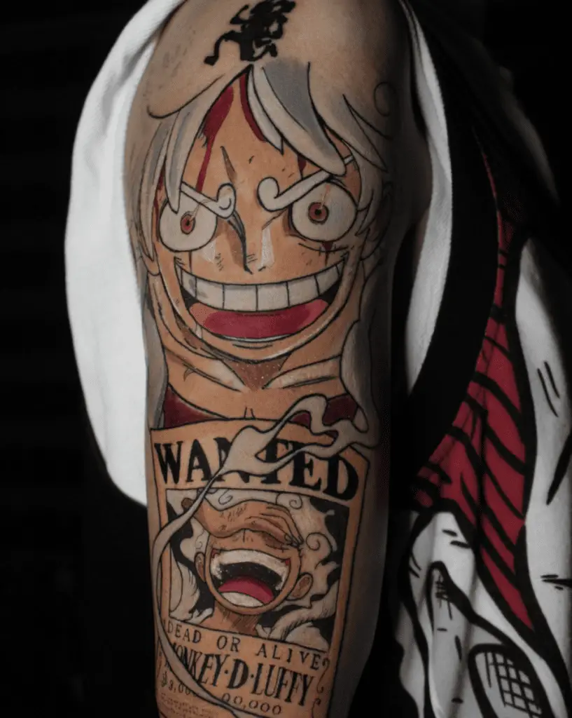 Colored Luffy Gear 5 With Wanted Poster Upper Arm Tattoo
