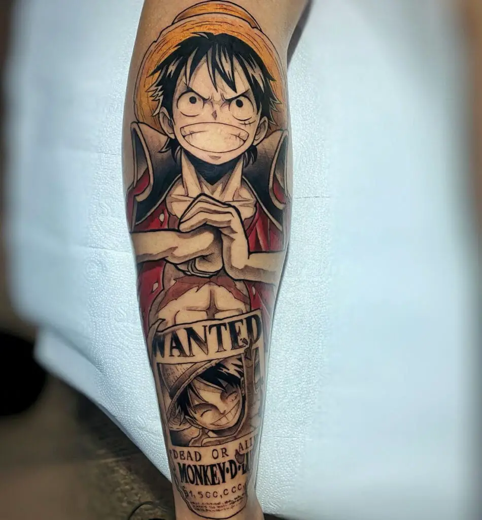 Colored Luffy Holding His Fist Above the Wanted Poster Arm Tattoo