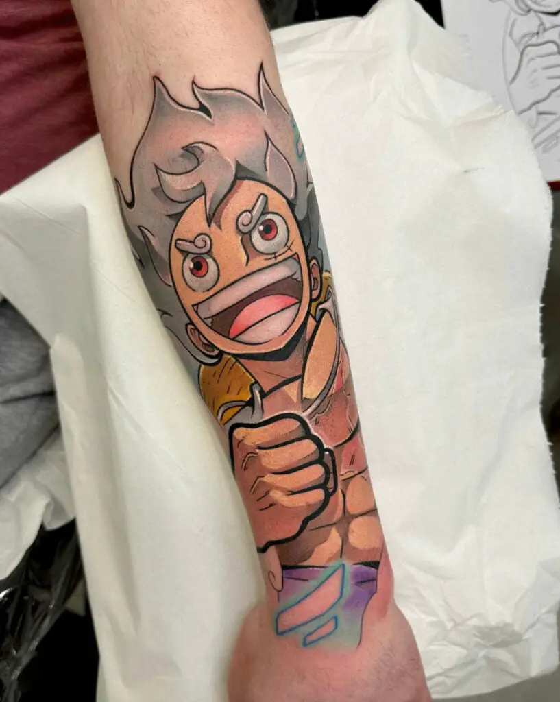 Colored Luffy Laughing in Gear 5 Form Arm Tattoo