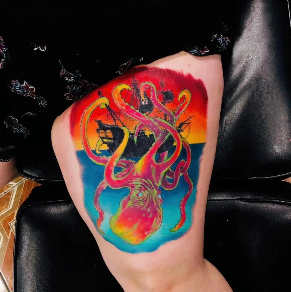 Colored Neon Kraken Crawling the Ship Thigh Tattoo