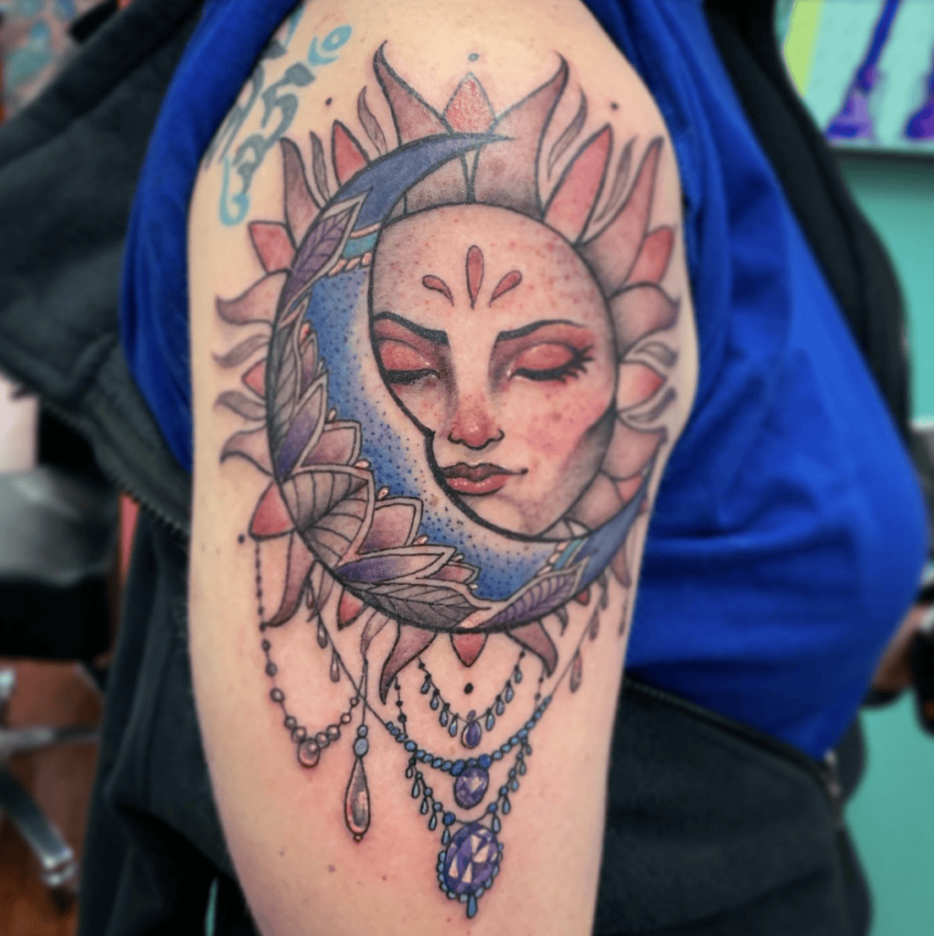 Colored Ornamental Sun With Realistic Face and Mandala Crescent Moon Upper Arm Tattoo