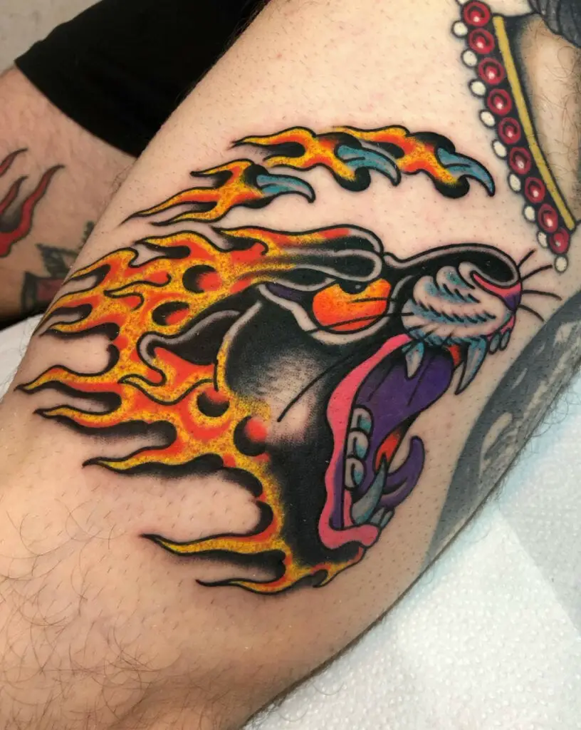 Colored Panther Flame Head Thigh Tattoo