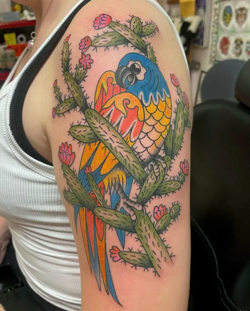 Colored Parrot on Cactus Upper Arm Tattoo