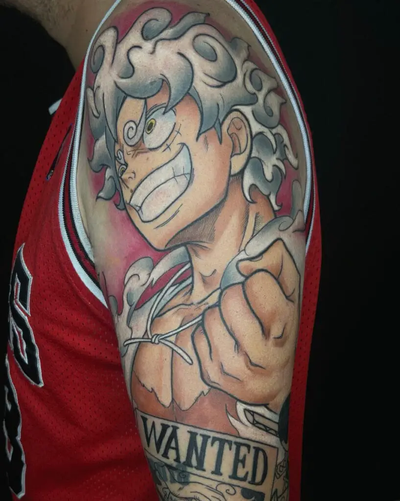 Colored Portrait Luffy in Gear 5 Form Upper Arm Tattoo