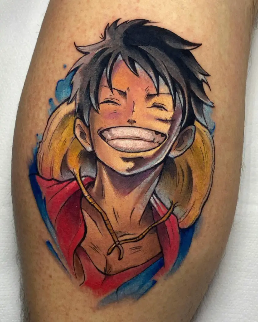 Colored Portrait of Luffy Smiling Leg Tattoo