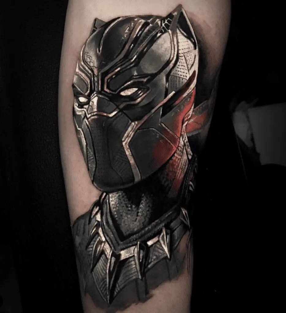 Colored Realistic Portrait of Black Panther Wearing a Suit Leg Tattoo