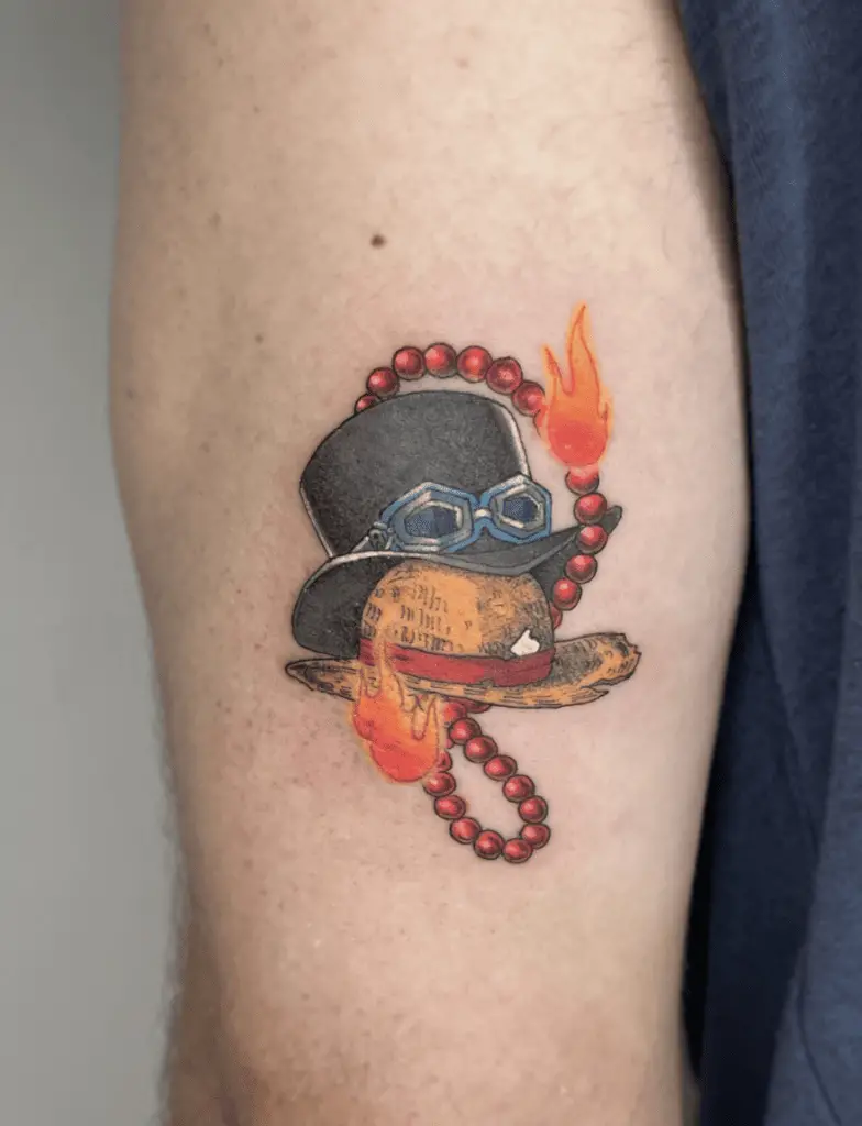 Colored Sabo and Luffy Hats With Red Pearl Necklace Arm Tattoo