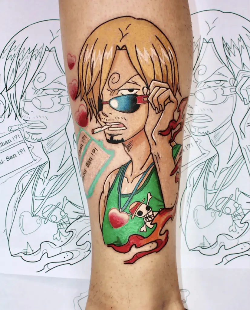Colored Sanji Wearing a Sando With Shades and Heart Necklace Leg Tattoo