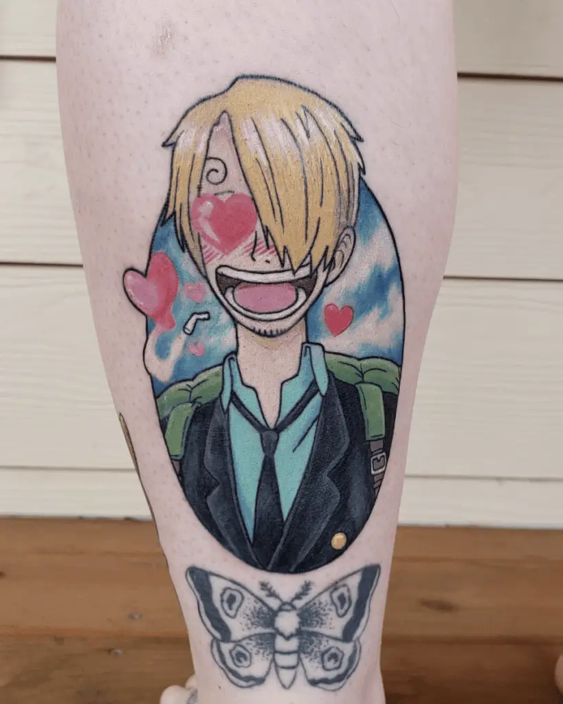 Colored Sanji With Heart Eyes Above the Butterfly Leg Tattoo