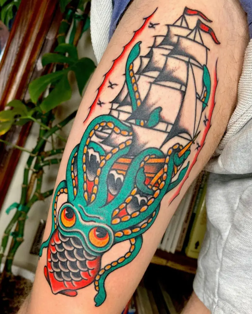 Colored Ship is Under the Kraken's Hold Arm Tattoo
