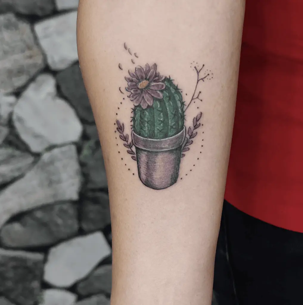Colored Small Cactus Flower With Ornametal Details Arm Tattoo