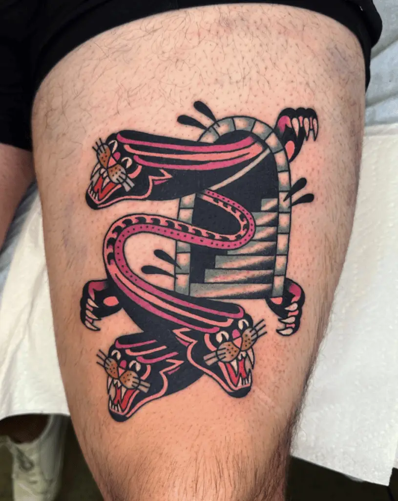 Colored Stair Portal of Three Panthers Soul Thigh Tattoo