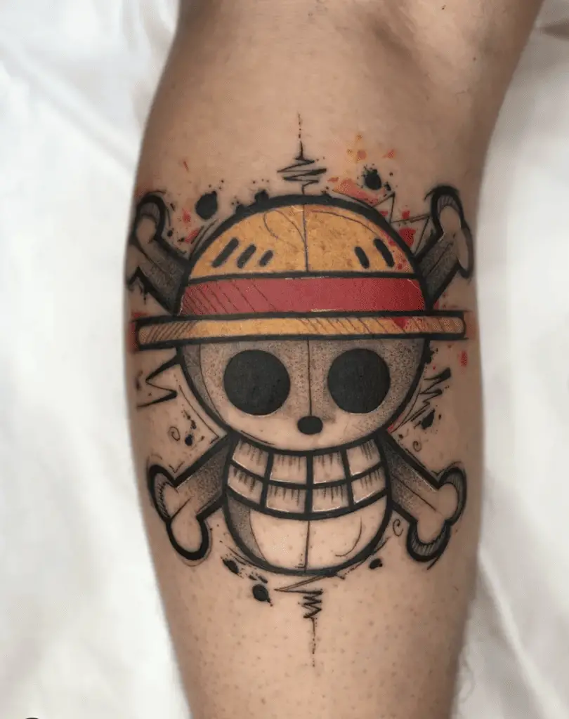 Colored Straw Hat Pirate Skull With Abstract Lines Design Arm Tattoo
