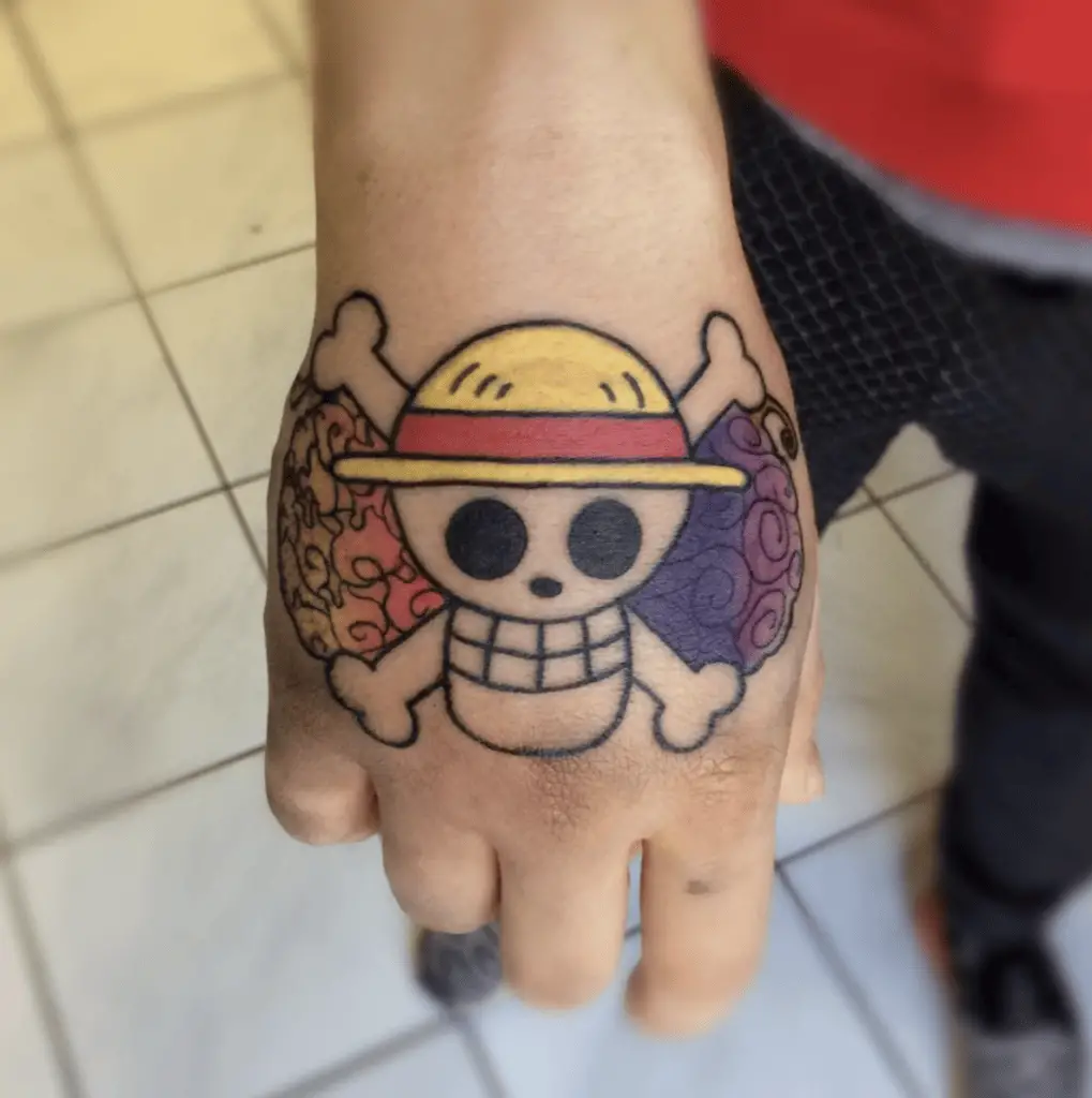 Colored Straw Hat Pirate Skull With Abstract Lines Design Hand Tattoo