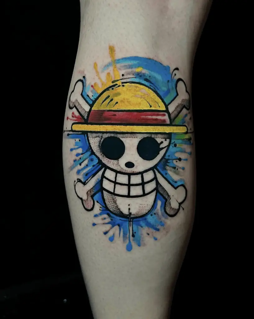 Colored Straw Hat Pirate Skull With Splash Background Arm Tattoo